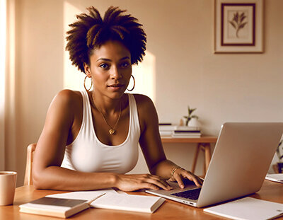 Femme noire regardant l'objectif assise à son bureau, ordinateur placé devant elle.