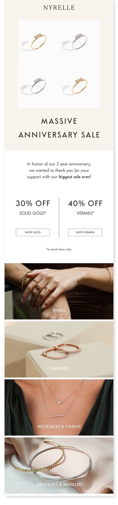 Fashion Graphic Designer in Hong Kong Kyra Janelle's Promotional Sale Email Campaign Template for Jewelry Brand NYRELLE with High-Conversion Rate.