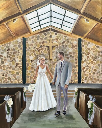 Live watercolor guest portrait of a newlywed couple