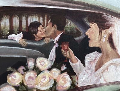 painting of a couple in a car