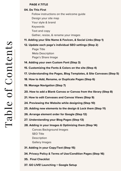 Table of Contents for a SEO guide for the Kitch Template