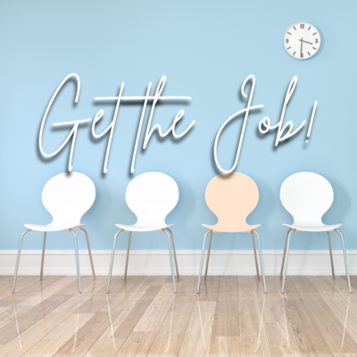 "Get the Job!" logo featuring a set of white chairs and one orange chair against a blue wall
