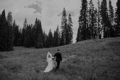 Bride and groom walk hand in hand in the San Juan Mountains
