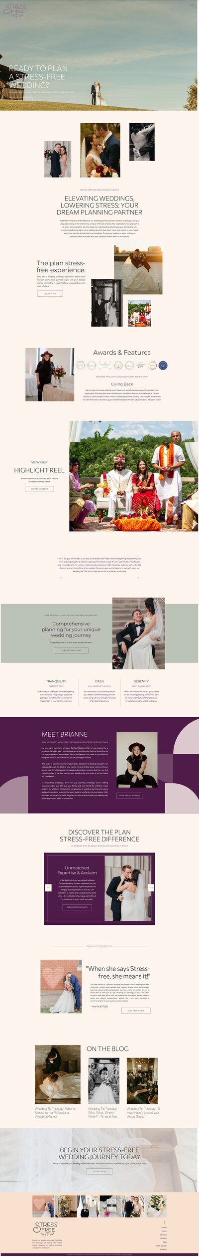 Screenshot of a Destination wedding planner's website, designed using showit web design, featuring wedding packages, testimonials, awards, and FAQs, accompanied by images of weddings and venue facilities.