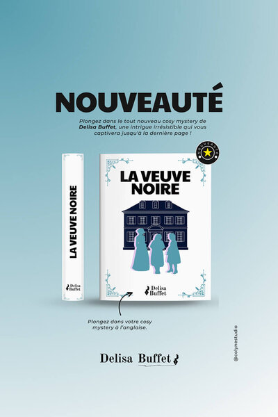 Maquette de présentation de l'identité visuelle de delisa buffet, qui représente une affiche de son nouveau libre cosy mystery avec son logo