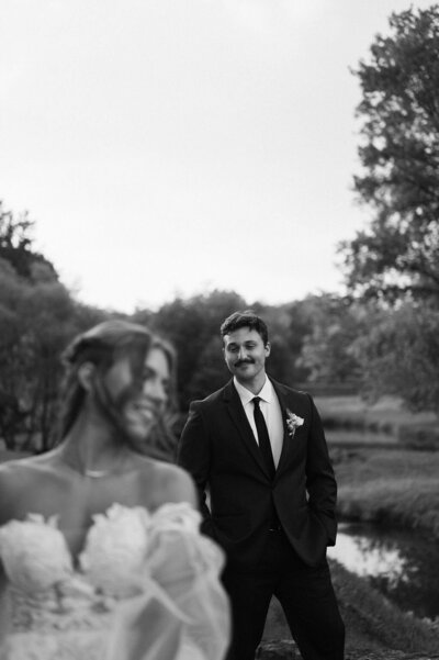 Close-up detail of the groom looking lovingly at his bride in Doylestown, Pennsylvania
