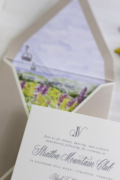 Gold ink custom calligraphy invitation and envelope for wedding