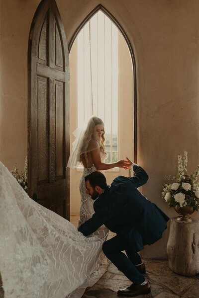 bride and groom embracing