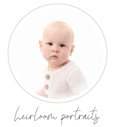 Studio heirloom  photography session on an all white backdrop. A heirloom headshot of a 1 year old baby in a white outfit . Shot in a clean, classic, timeless style by Magnolia photographer Bri Sullivan.