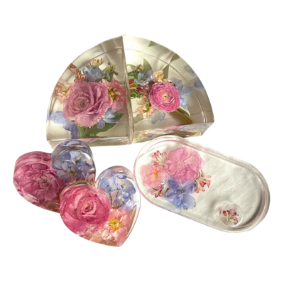 wedding bouquet preserved in resin bookends hearts and jewelry dish by Buds Blooms and Blossoms