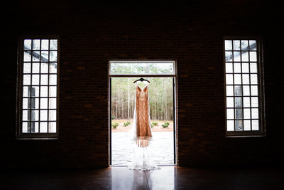 Wedding gown hanging at Dogwood Venue, Hattiesburg, MS