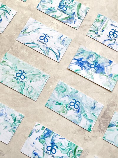 Custom paper marbled and letterpress  business cards for Arbonne consultant.