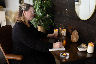 Katie at her desk for guided journaling.