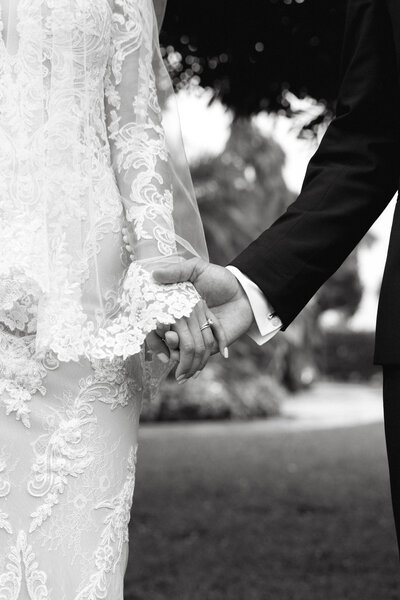 Soft and romantic wedding details, black and white wedding details, high-end wedding couple portraits, luxury wedding detail photography, elegant wedding posing, editorial style couple portraits, Florida luxury wedding photography