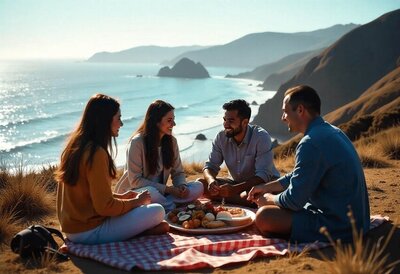 Friends enjoying a curated picnic at a hidden location with breathtaking California coastal views, part of a luxury overland adventure