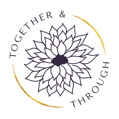 Inspired Mental Wellness Tagline Logo, reading "Together + Through" circling the outline of a purple dahlia.