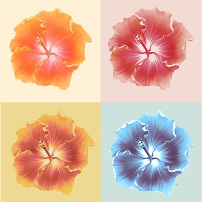 Orange, red, and blue hibiscus flowers arranged in a pop art illustration.