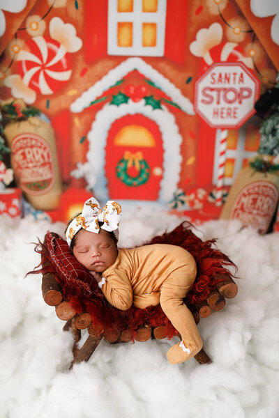 newborn baby girl posed in a gingerbread outfit