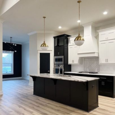 Kitchen with new hardwood floors.