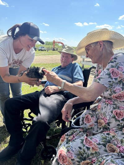 Spirit's Respite Ranch Coach showing a chicken to senior citizens with a sunny ranch view in the background.
