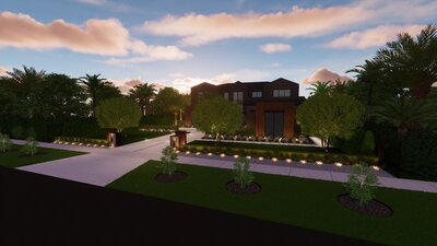 Elegant modern front & backyard design with lush landscaping and modern pool.