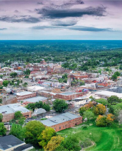 Aerial view of Milford Center, OH showcasing the town’s landscape and community, where Black Bear Roofing & Exteriors provides expert roofing & exteriors services.
