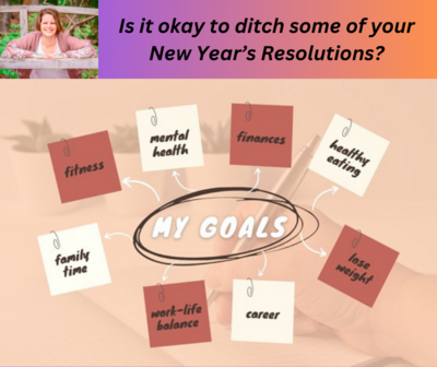 Graphic with a photo of Danielle Ratliff smiling and the words, "Is it okay to ditch some of your New Year's Resolutions?" at the top. The graphic below has "My Goals" circled with arrows poinint to tan and pink post it notes. Each note has a different goal on it, including fitness, mental health, finances, healthy eating, family time, work-life balance, career and lose weight