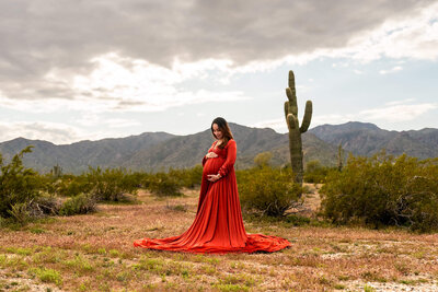 mother-to-be in the Arizona desert holding her baby bump in stunning rust red gown