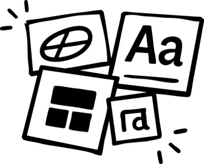 A black and white illustration of overlapping graphic design elements, including a globe icon, large and small letter 'A's, a grid layout, and an email symbol, with decorative lines suggesting motion or emphasis.