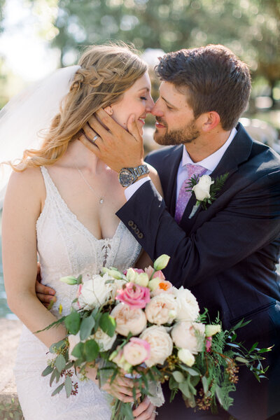 Bride and groom walk up memorial steps at their DC wedding