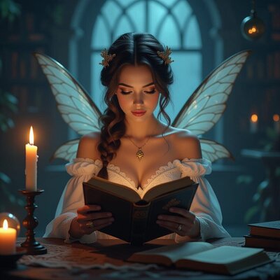 Fairy reading a book in a library at night