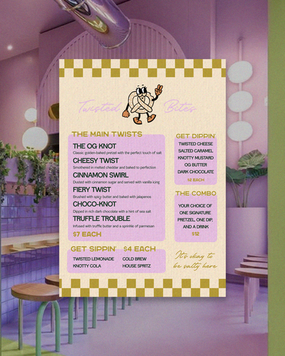 Custom menu design for a handcrafted pretzel brand – This menu design was created to be both visually appealing and easy to navigate, featuring a mix of bold typography and fun illustrations. Designed to match Twisted Bites’ retro-modern aesthetic, it enhances the overall brand experience for customers.