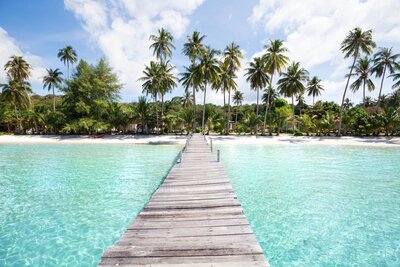 A wooden pier extends over clear turquoise water toward a sandy beach lined with tall palm trees and lush greenery under a blue sky with scattered clouds, inviting you to indulge in personalized travel planning for an unforgettable Caribbean getaway.