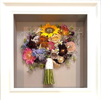 Preserved wedding bouquet in 3D shadow box
