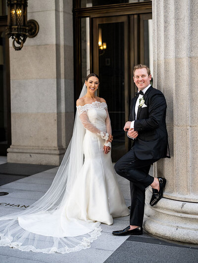 Portrait of a bride and groom at the Merchants Exchange San Francisco Wedding Photographer Duy Ho