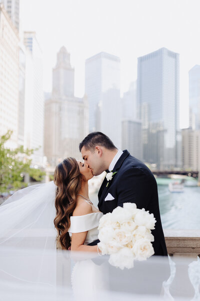 Wedding photos taken near Chicago skyline