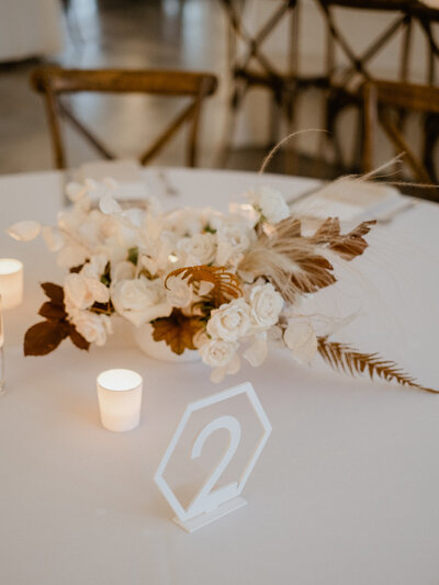 Hygee inspired centerpiece and table marker at a wedding at the Hutton House in Medicine Lake Minnesota