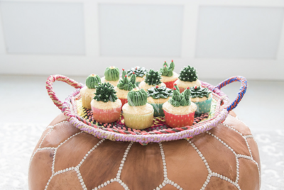 tray with colorful cactus cakes