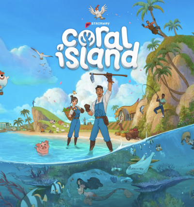 Colorful illustration of Coral Island characters on a tropical island, ready for farming and adventure.