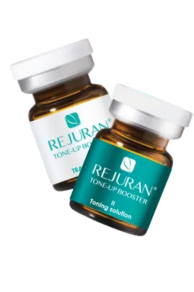 Rejuran tone up booster, Rejuran Skin Booster, 4 vials and a black box of Rejuran Healing Essence with a clear syringe in front of the box.