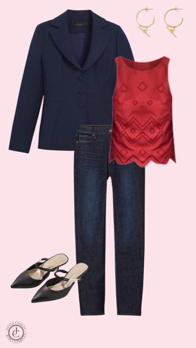 Polished & Chic: Tailored blazer + fitted top + dark denim + heels