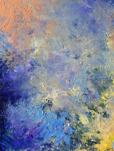 Abstract painting with vibrant swirls of blue, purple, and peach, creating a textured, ethereal appearance. Hints of yellow and white blend seamlessly, adding depth and movement to the composition.
