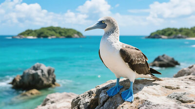 A blue-footed booby stands on a rocky shore with bright blue feet, overlooking turquoise ocean water and small green islands under a sunny sky.