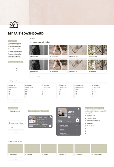 Beautiful Notion template for daily prayer journaling, Bible study, and scripture tracking memorization