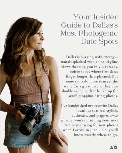 Shannon Kathleen Photography holding a camera next to a preview page of the Dallas Date-Spot Lookbook featuring photogenic Dallas date spots for first dates and photos.