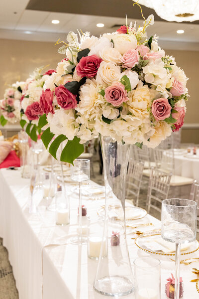 Blush , Ivory and greenery wedding centerpieces in DFW Ophelia event affairs