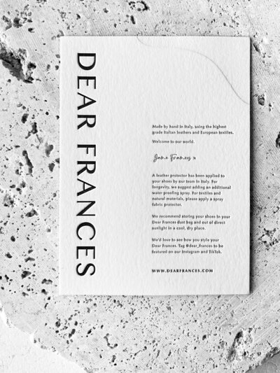 Luxury Letterpress care instructions for Dear Frances London