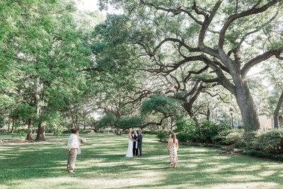 Bride and groom exchanging vows under sprawling oak trees in a Savannah park, surrounded by a small group of loved ones.