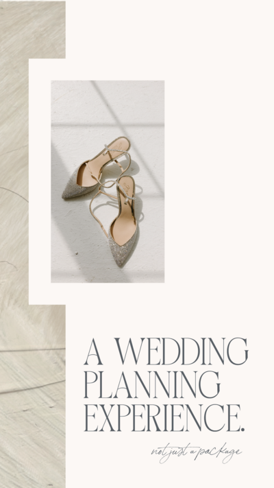 White Pine Designs brand graphic with image of wedding shoes and tan texture on the side