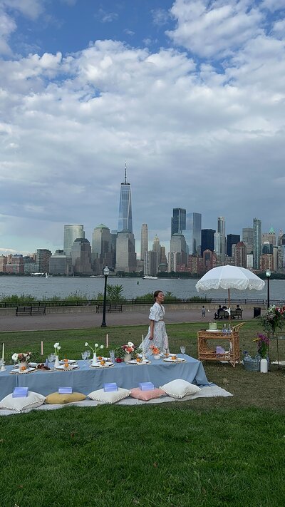 Luxury picnic setup with blue linens, pastel cushions, and city skyline views, styled by Yours Truly, a wedding planner and designer in New Jersey.